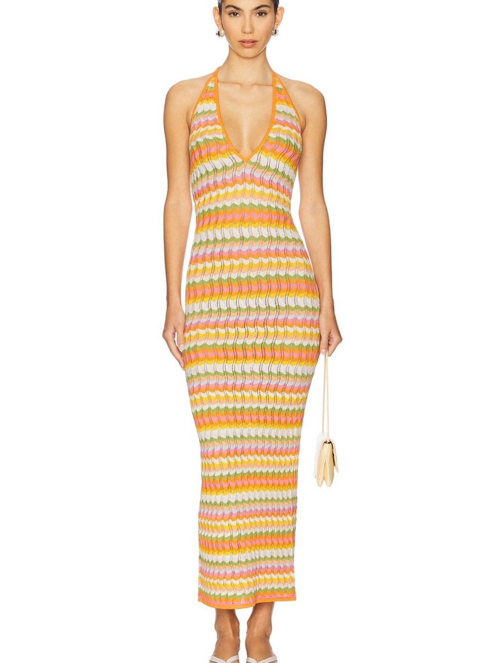 Alexis Multicolor Halter Wave-Knit Maxi Dress - Orange Pink Green